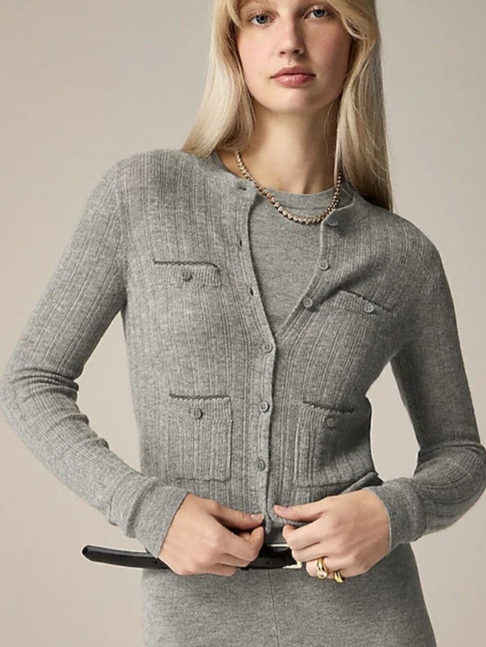 J.Crew Featherweight Cashmere Pointelle Cardigan, Grey Sz L